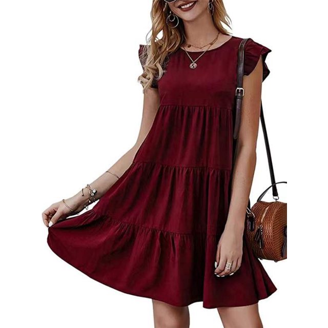 UKAP Robe T-Shirt pour Femme, Robe d'Été Évasée, Courte Mini, Style Bohème Simple, Bordeaux, 2TG