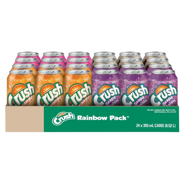 Crush Rainbow Pack 24 x 355 mL Tray, Cans with 24 assorted soft drink cans including orange and grape Crush flavors in bright orange and purple cans, arranged in four rows of six in a cardboard tray, ideal for sharing at gatherings.