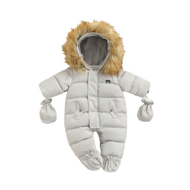 Gupgi Baby Boy Girl Snowsuit Winter Hoodied Footie Romper 0-2 Years Infant Down Coat Jacket Jumpsuit with Gloves in grey. This unisex baby snowsuit features a puffer design with a fur-trimmed hood, long sleeves, and detachable foot covers. Includes matching gloves for added warmth. Made from a soft cotton blend, it is designed for fall, winter, and spring seasons. Suitable for infants aged 6-24 months.