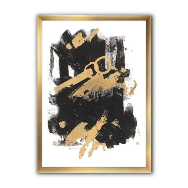 Designart Gold and Black drift I Framed Wall Art showing abstract gold brush strokes on a black textured cotton canvas, mounted in a 1.5-inch gold frame. This modern abstract canvas print arrives ready to hang with included hardware, ideal for enhancing contemporary home décor.