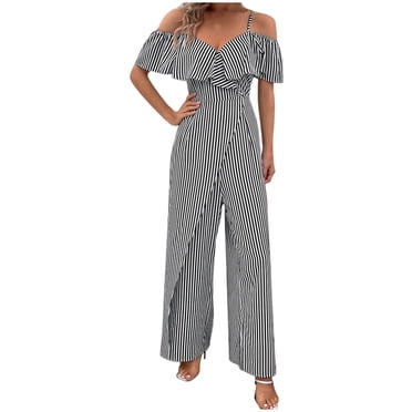 Womens Off Shoulder Jumpsuits Dressy Casual High Waist Striped Romper for Women Spaghetti Strap Flounce Slimming Jumpsuit, Black, M