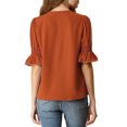 thumbnail image 3 of INSPIRE CHIC Blouse en Mousseline Semi-Transparente pour Femme à Volants, Col en V, Manches Bouffantes au Coude, S Brun Rouge, 3 of 8