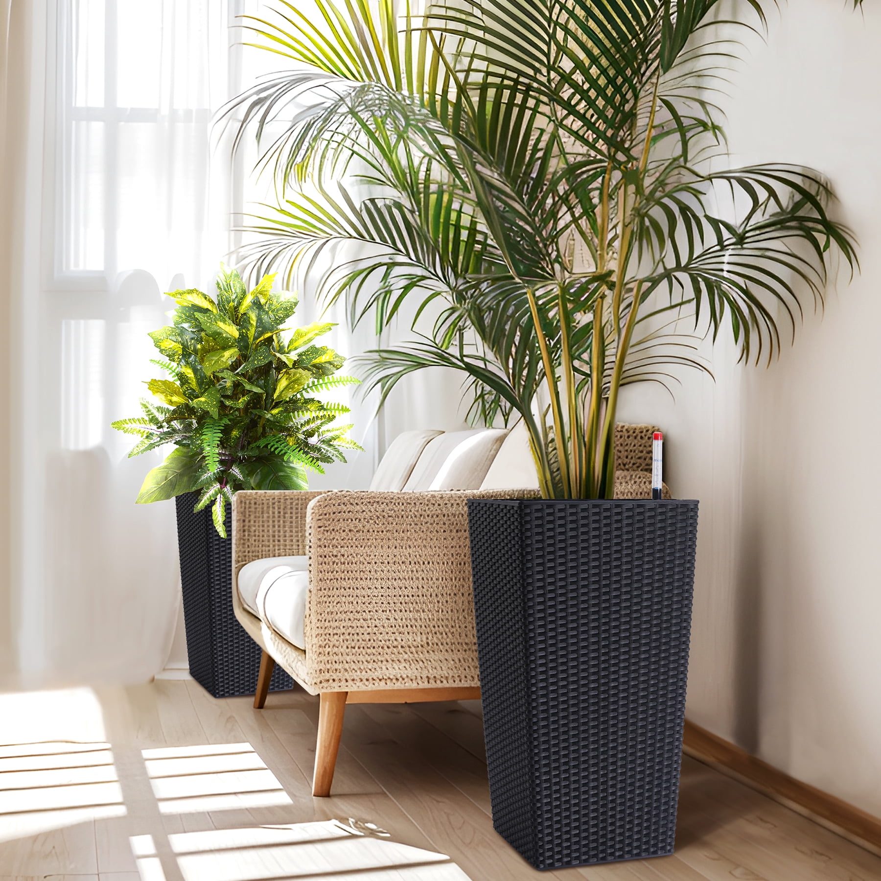 Edtara Large Rattan Flower Pots, 22.4" Planters With Trays, Wheels, and Water Level Monitor for Indoor and Outdoor Decor