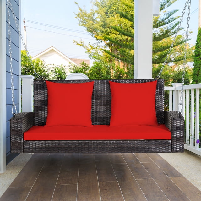 Costway Chaise Banc Suspendue en Rotin pour Patio 2 Personnes Porch Swing avec Coussins Rouges, Dotée d'Un Cadre en Rotin PE Brun Résistant aux Intempéries et de Chaînes en Acier Renforcées pour une Suspension Sécurisée. Conçue pour l'Extérieur, la Balançoire Comprend un Siège Double Spacieux avec un Coussin de Siège et Deux Coussins de Dossier pour un Confort Accru. Assemblage Facile et Idéale pour les porches, Balcons Ou Jardins.