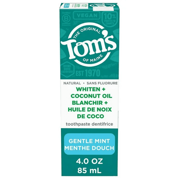 Refurbished Toms of Maine Whiten Plus Coconut Oil Fluoride Free Toothpaste, Gentle Mint, 113 Gram - Fluoride Free