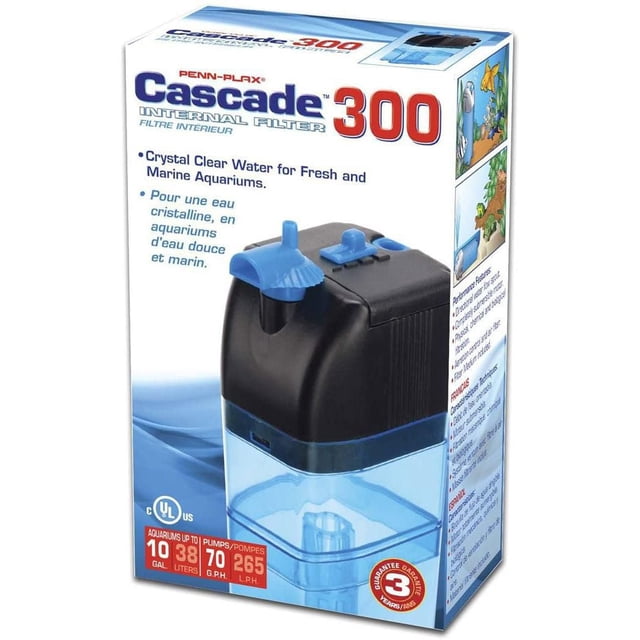 Penn Plax Cascade 300 Internal Tank Filter in retail packaging, a black and blue submersible aquarium filter for freshwater and marine tanks up to 10 gallons, delivering 70 gallons per hour flow with spray bar for even water distribution, including carbon cartridge and bio-sponge media.