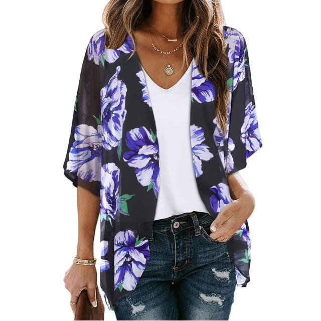 TIMIFIS Women Chiffon Printed Cardigan Kimono Robe Tops Beach Bikini Cover up Blouse-Dark Blue-XLFall