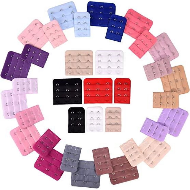 36 Pcs Rallonges de Soutien-Gorge Crochets d'Extension de Brassière en 2 types, Comprenant 3 Crochets avec 3 Rangées et 2 Crochets avec 3 Rangées. Présentés en 18 Couleurs Vibrantes, Incluant Rouge, Violet, Noir, beige, Rose, Bleu et Blanc, Arrangés en Motif Circulaire. Faits de Coton Doux pour le Confort et la Praticité, Ces Rallonges Sont Idéales pour Ajouter de l'Espace Supplémentaire aux Soutiens-Gorge, Spécialement pour les Mamans Enceintes Ou les Changements de Poids.
