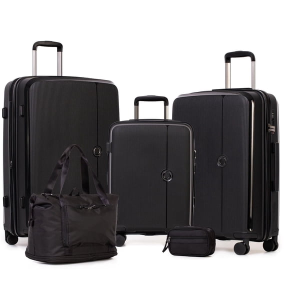 Ensemble de Bagages Rigides Remis à Neuf Jetstream 5 Pcs, Polypropylène Durable, Valise Extensible à Roulettes 28 Pouces, Bagage à Roulettes 24 Pouces, Bagage Cabine 20 Pouces, Sac Fourre-Tout, Trousse de Toilette