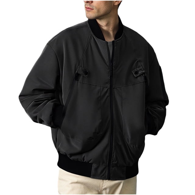 NaWent Men's Bomber Jacket Solid Color Long Sleeved Cardigan Stand Up Collar Workwear Jacket