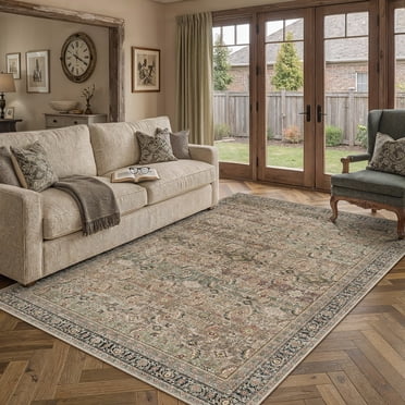 BERTHMEER 6'x9' Washable Area Rugs for Living Room Bedroom Kitchen Rugs Non Slip Vintage Traditional Dorm Office Dining Room Farmhouse Oriental Distressed Rugs, Brown