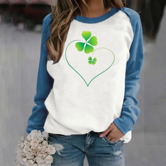 XZNGL Ladies Saint Patricks Day Printed Round Neck Long Sleeved T-shirt Loose Top