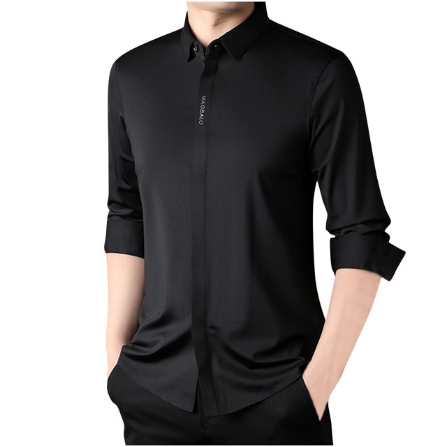LNWUY Chemises à Manches Longues pour Hommes Séchage Rapide Chemise de Performance Printemps Automne Couleur Unie Rembourrée Chaude Confortable Chemises à Col Rabattable Noir m