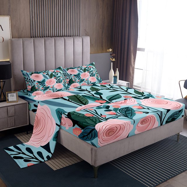 YST Pink Floral Sheet Set King Size 4Pcs,Spring Nature Rustic Garden Bed Sheets,Green Leaf Retro Flower Sheet Set,Mountain Tropical Botanical Flat Sheet,Soft Luxury Comfy Breathable
