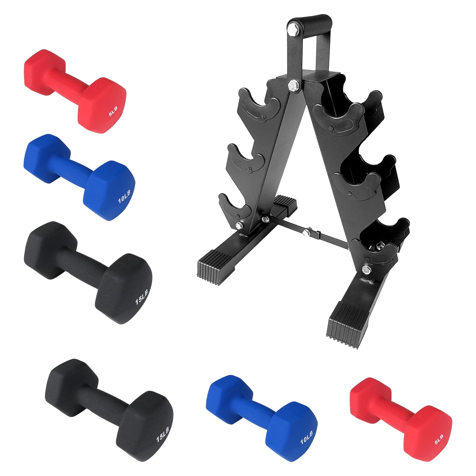 Neoprene Dumbbell Set - Non-Slip PVC Coated (5/10/15 lb Pairs) with Collapsible Iron Rack - Home Gym Strength Training for Women/Men/Kids - 3-Pair Weight Set + Storage Stand