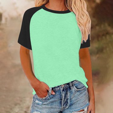 zbxnLI S-5XL Women's Tops Plus Size Short Sleeve Color Block Casual T-Shirts Loose Soft Basic Tee Top