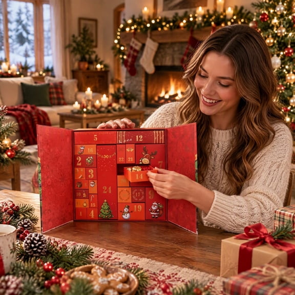 Boîte Calendrier de l'Avent de Noël, Rangement Cadeau Surprise Pliable en Papier Kraft et Déco de Table pour les Fêtes