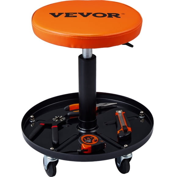 VEVOR Tabouret de Mécanicien, Rampe Pneumatique Roulante de 250 Lb pour Garage/atelier, Hauteur Réglable Tabouret d'Atelier Roulant Rembourré de 22 Po à 28 Po avec Plateau à Outils, pour Garage, Atelier, Réparation Auto, Noir+orange