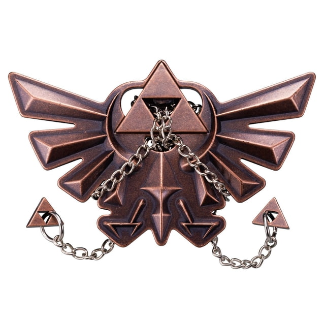 Legend of Zelda Hyrule Crest brain teaser puzzle made of cast metal with a bronze finish, shaped as the Royal Family Crest of Hyrule, featuring interlinked chains and triangular pieces for assembly and disentanglement, rated Mensa level 4 difficulty.