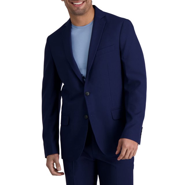 Haggar Men's Smart Wash Repreve Slim Fit Suit Separate Jacket in midnight color, size 40 R. This eco-friendly polyester jacket features a slim fit design, notch lapel, two-button closure, and front pockets. Ideal for men's formalwear, it is made with Repreve fibers and is machine washable for easy care.