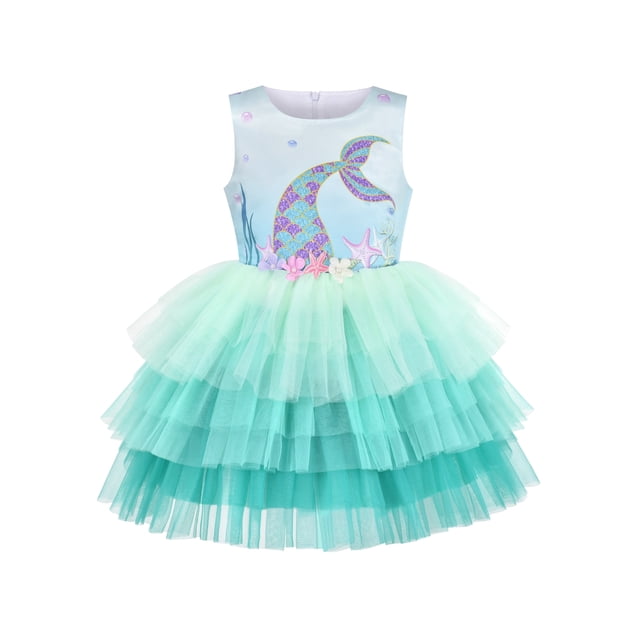 Girls Dress Aqua Green Sea Mermaid Gradient Tutu Tulle Party 6 Years
