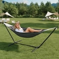 thumbnail image 2 of BeesClover Hamac Double Bleu avec Support, Hamac en Coton Portable Robuste de 450 Lb pour 2 Adultes, Ensemble de Hamacs Autoportant Intérieur Extérieur avec Support en Acier et Sac de Transport, 2 of 8