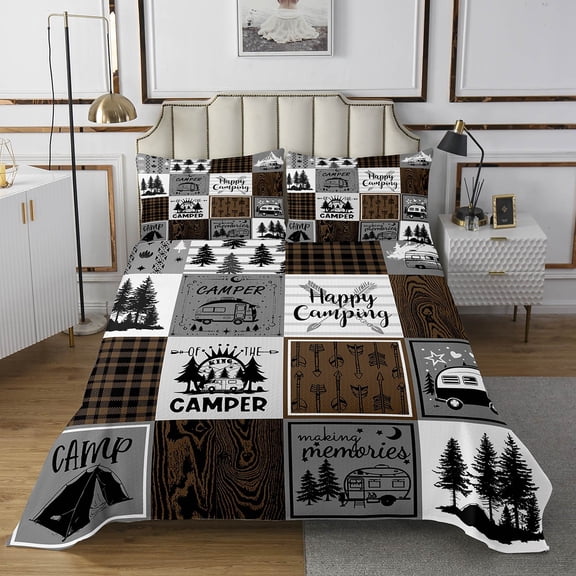 YST Happy Camping King Bedspread Set,Rv Camper Quilt Set For Boys Adults Men,Camper Decor Coverlet Set For Travel Trailers Bunk,Rustic Farmhouse Buffalo Plaid Bed Set Brown Black Grey