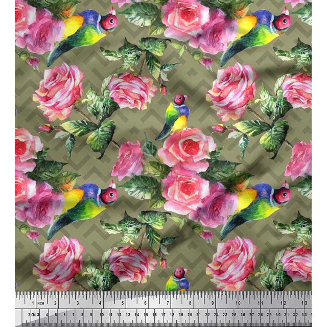 Soimoi Poly Georgette Fabric Bird,Leaves & Rose Floral Print Fabric by Yard 52 Inch Wide