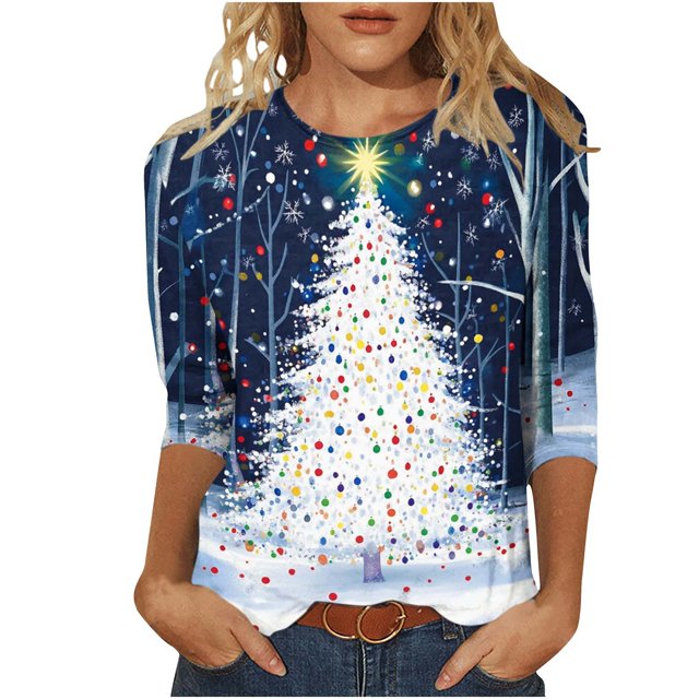 Lcziwo T-Shirts pour Femmes Manches 3/4 Col Rond Hauts de Noël des Fêtes Drôles à Paillettes Imprimé Arbre Blouses Amples 2025 Mode d'Automne T-Shirts Décontractés Multicolore,TTTG