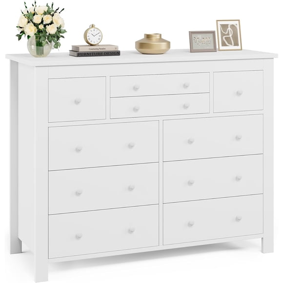 White 10 Drawer Dresser, 47" Wooden Wide Chest of Drawers for Bedroom, Long Dresser TV Stand for Nursery, Living Room, Hallway