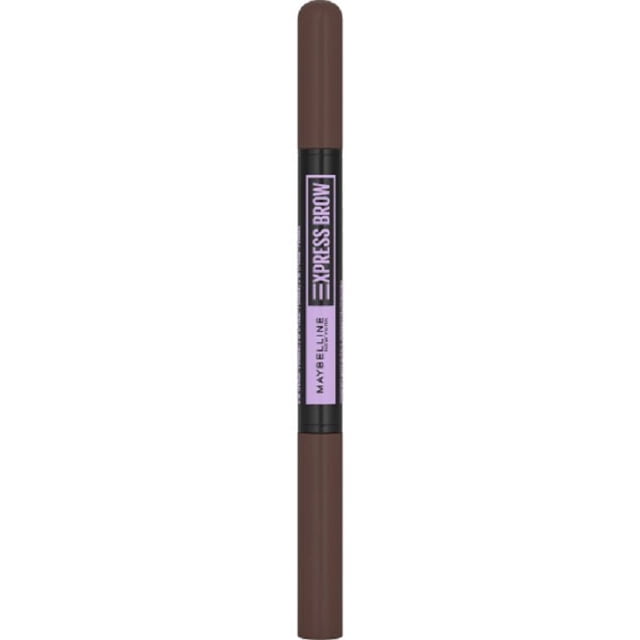 Maybelline Express Brow 2-In-1 Pencil + Powder in Deep Brown, a dual-ended eyebrow powder and pencil tool with brown caps and a black center labeled with the product name, designed for precise brow shaping and natural filling, suitable for contact lens wearers.
