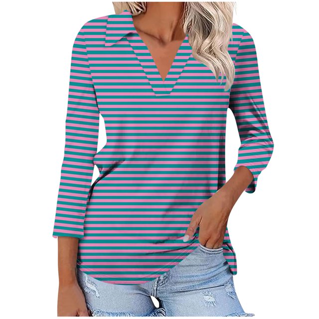 Timegard Tuniques Rayées pour Femmes Col à Revers en V Manches 3/4 T-Shirts Blouses Décontractées Mode