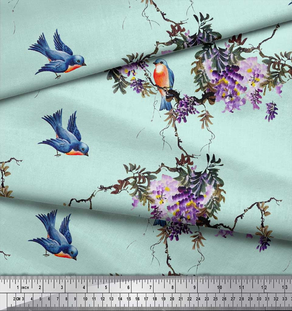Soimoi Green Moss Georgette Fabric Floral & Flowerpecker Bird Print Fabric by Yard 44 Inch Wide