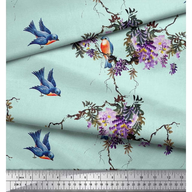 Soimoi Green polyester Crepe Fabric Floral & Flowerpecker Bird Decor Fabric Printed Yard 42 Inch Wide