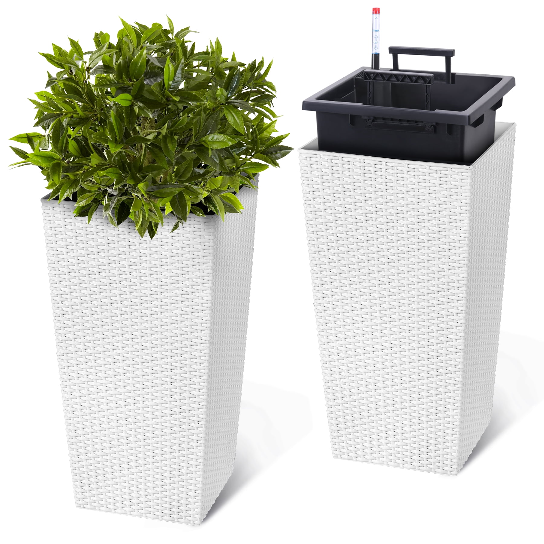 BeesClover Rattan Planter, 22.4 Inch Tall Large Flower Pots with Trays, Water Level Monitor & Wheels for Indoor Outdoor Patio Porch Living Room Home Office Set of 2