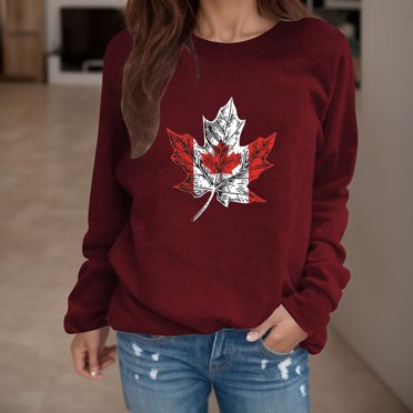 Chandail à Capuchon Décontracté pour Femmes à Imprimé de Feuille d'Érable Canadienne, Col Rond, Manches Longues, Chandail Décontracté à Enfiler, Chandail à Capuchon Coloré, Ensemble Deux Pièces, Couverture Complète, Haut d'Entraînement pour Femmes, Grand Chandail, Chandails à Capuchon de Noël pour Femmes, Grand