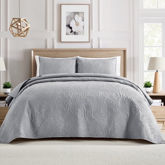 Bourina Ensemble de Courtepointe Moderne à Motif Floral 3 Pcs – Grand Lit, Gris, Léger et Confortable pour Adultes