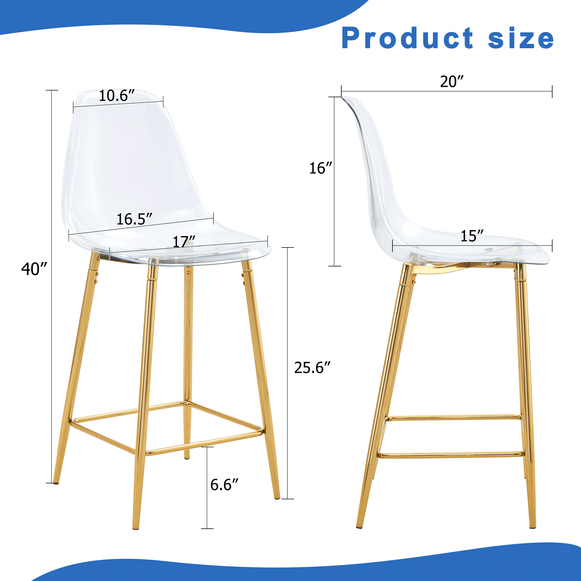 Noble House Modern Minimalist Bar Stool Set of 2,Integrated Backrest,Gold