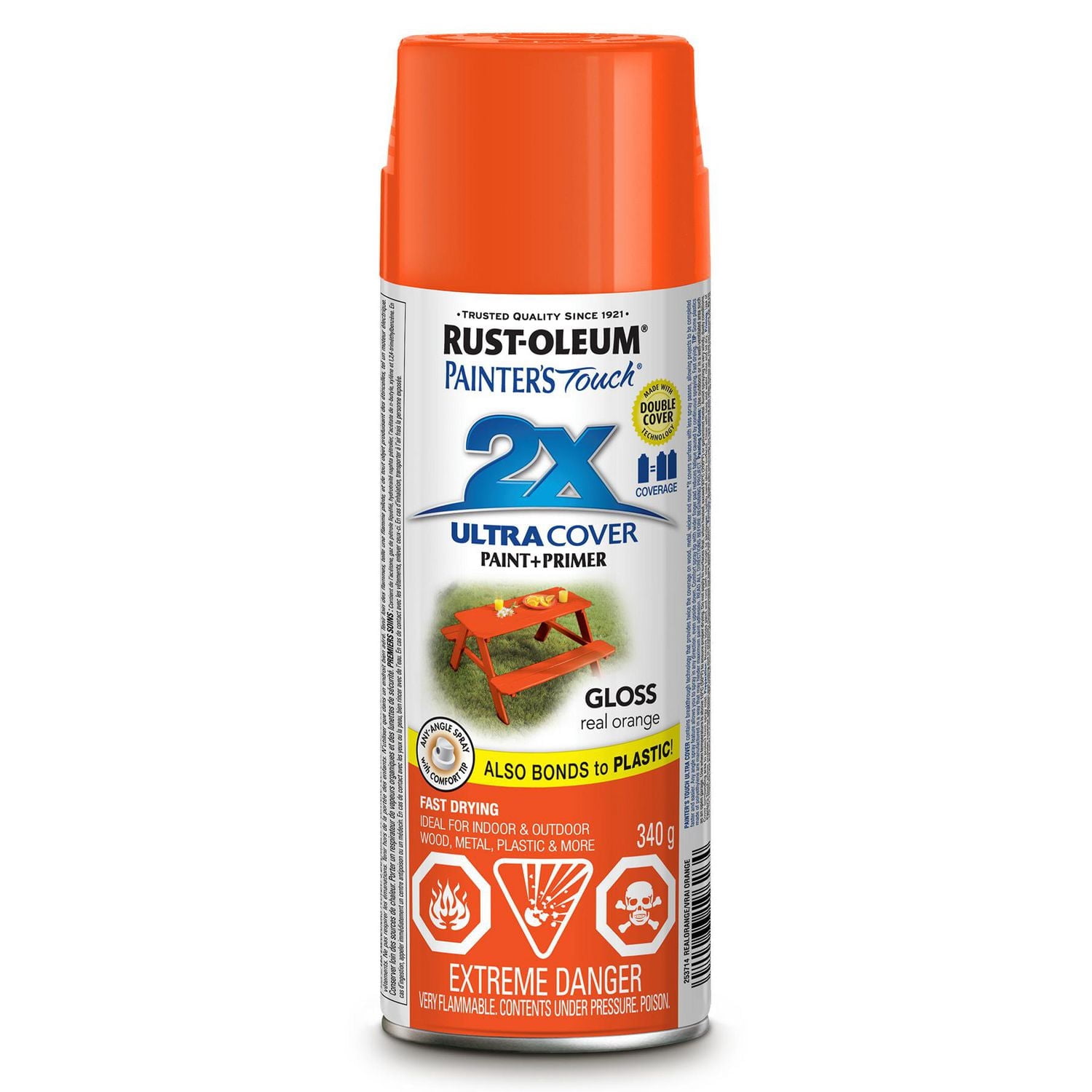 Peinture et apprêt tout usage Rust-Oleum Painter's Touch 2X Ultra Cover en aérosol, finition brillante Orange Réel, 340g