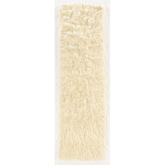 New Flokati 1400gr 2'4" x 8'6" Runner in natural cream tones, hand woven in Greece from 100% New Zealand wool with a deep plush shag pile, shown flat from above on a light background, perfect for hallways or laundry rooms, also suitable as a soft bedside rug.