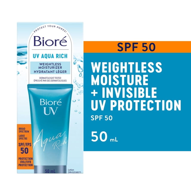 Bioré UV Aqua Rich Weightless Moisturizer SPF 50 50mL tube with blue gradient and white text, shown on packaging with water splash design, highlighting broad spectrum UVA/UVB protection and dermatologist-tested formula for lightweight, fast-absorbing face sun care.