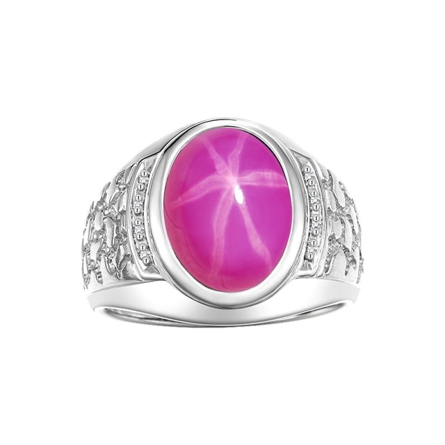 RYLOS Men's Rings 14K White Gold Nugget Ring with Cabochon Gemstone & Diamonds Star Ruby Rings For Men Size 8