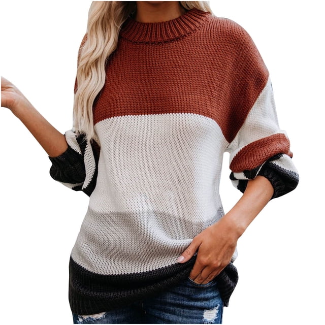 Mrat Chandails pour Femmes Tendance Décontracté à Rayures Patchwork Manches Longues Chandail Mignon Chandail à Col Rond pour Dames Chandail Épais en Tricot Chandail à Col Rond Manteau Brun m