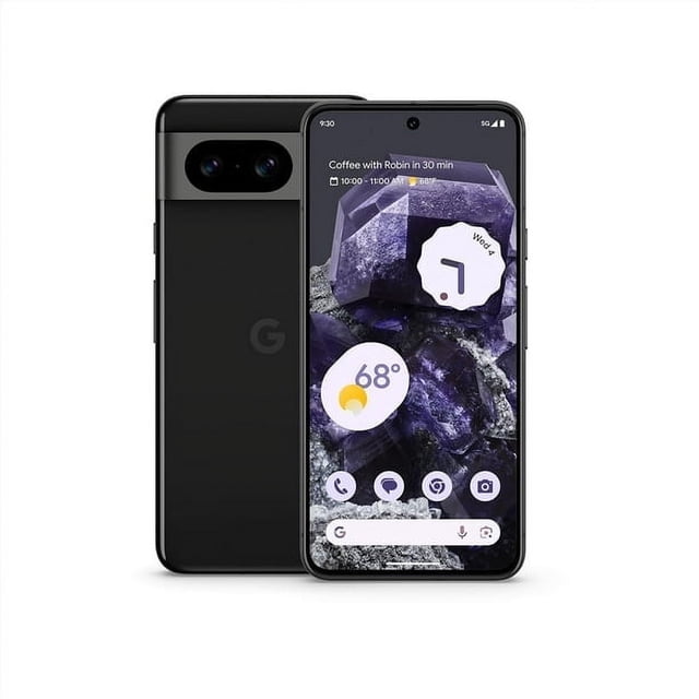 Google Pixel 8 Téléphone Intelligent en Noir Obsidienne, Doté d'Un Écran Haute Résolution de 6,2 Pouces avec des Couleurs Vives et une Réactivité Fluide. la Vue avant Montre l'Écran avec des Icônes d'Appli et des widgets, la Vue Arrière Met en Valeur la Configuration à Double Caméra et un design Épuré. Ce Téléphone Déverrouillé Offre un Stockage de 256 Go, le Processeur Google Tensor G3 et une Batterie Adaptative Durant Plus de 24 Heures. Idéal pour la Photographie, le Jeu et le Multitâche.