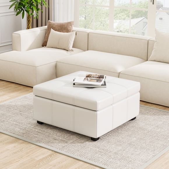 Noble House 34.25'' Large Square Ottoman Coffee Table with Storage Upholstered PU Leather Ottoman ,Beige