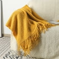 thumbnail image 4 of Meitianfacai Fringe Trim Throw Blanket with Simple Design, Lightweight Air Conditioning Blanket for Sofa, Bed and Nap Use in Soft Breathable Fabric (Yellow), 4 of 6