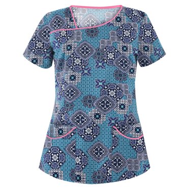 EGNMCR T-Shirts pour Femmes Femmes Mode Imprimé Floral Manches Courtes Col Hauts Uniforme de Travail Blouse Chemise