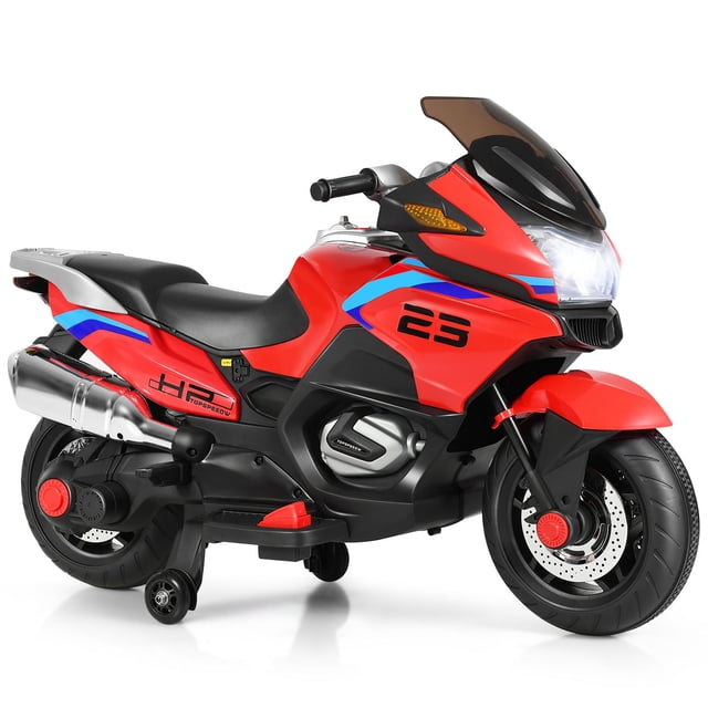Gymax Moto Électrique 12 V pour Enfants Ride On avec Roues Stabilisatrices en Rouge, au design Réaliste avec Phares DEL Lumineux, Siège Grand et construction durable en PP et Fer. Comprend une Fonctionnalité Avant/arrière, un volume Ajustable et de la Musique et des Histoires Intégrées. Équipée de Roues Stabilisatrices pour la Stabilité et des Roues Résistantes à l'Usure pour une Utilisation Intérieure et Extérieure. Mesure 45,5 x 19,5 x 30 Pouces, Supporte jusqu'à 66 Lb, Convient aux Enfants de 3 Ans et Plus. Est Fournie avec un Chargeur, un Câble MP3