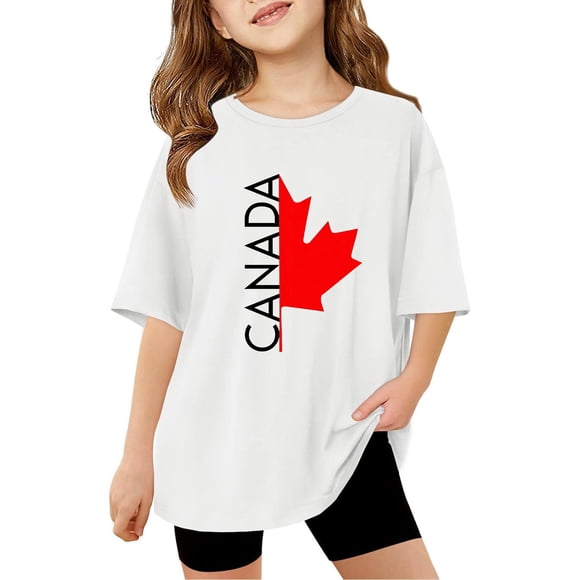 Bmisegm Hauts pour Filles T-Shirt Graphique de la Fête du Canada à Manches Courtes T-Shirt Décontracté à Col Rond pour l'Été et l'Extérieur Jolis Hauts d'Été Blanc 7-8 Ans