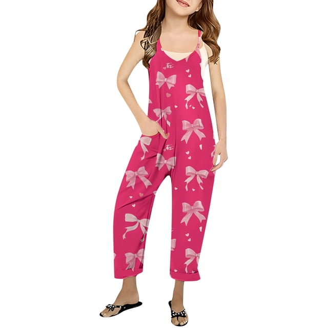 Girls Romper Bow Print Jumpsuits Rompers for Girls Spaghetti Strap Rompers with Pockets Toddler Girl Summer Outfits 7-8 Y